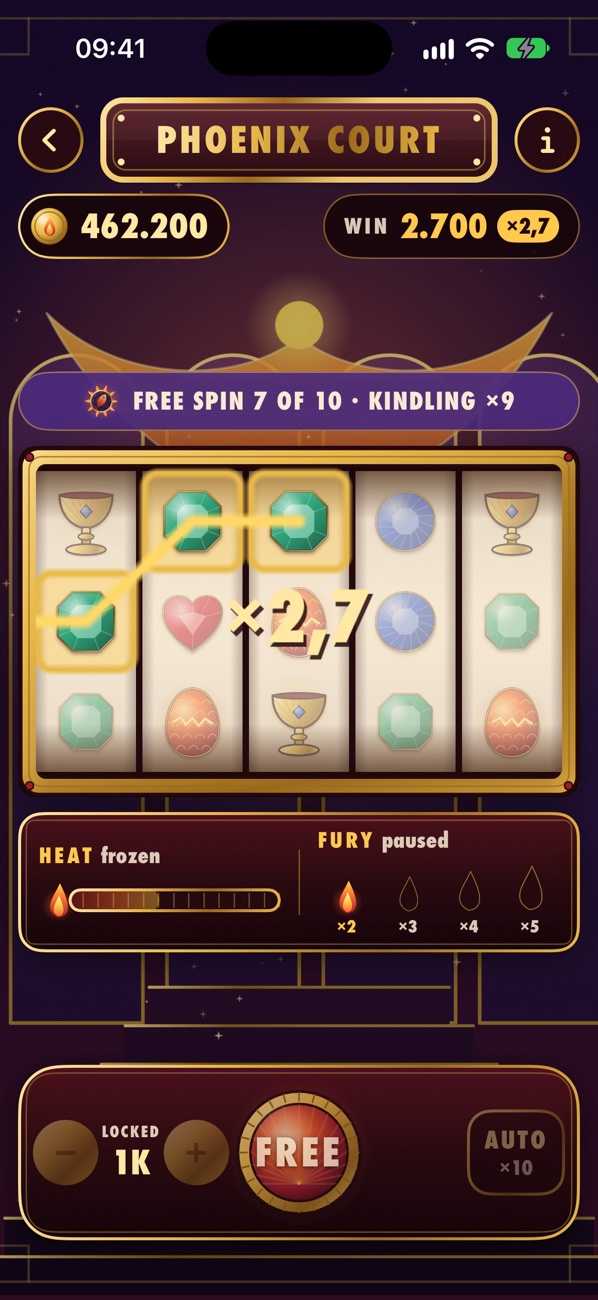 Phoenix Court free spin 7 of 10 with Kindling x9: a jade line lights up and pays x2.7
